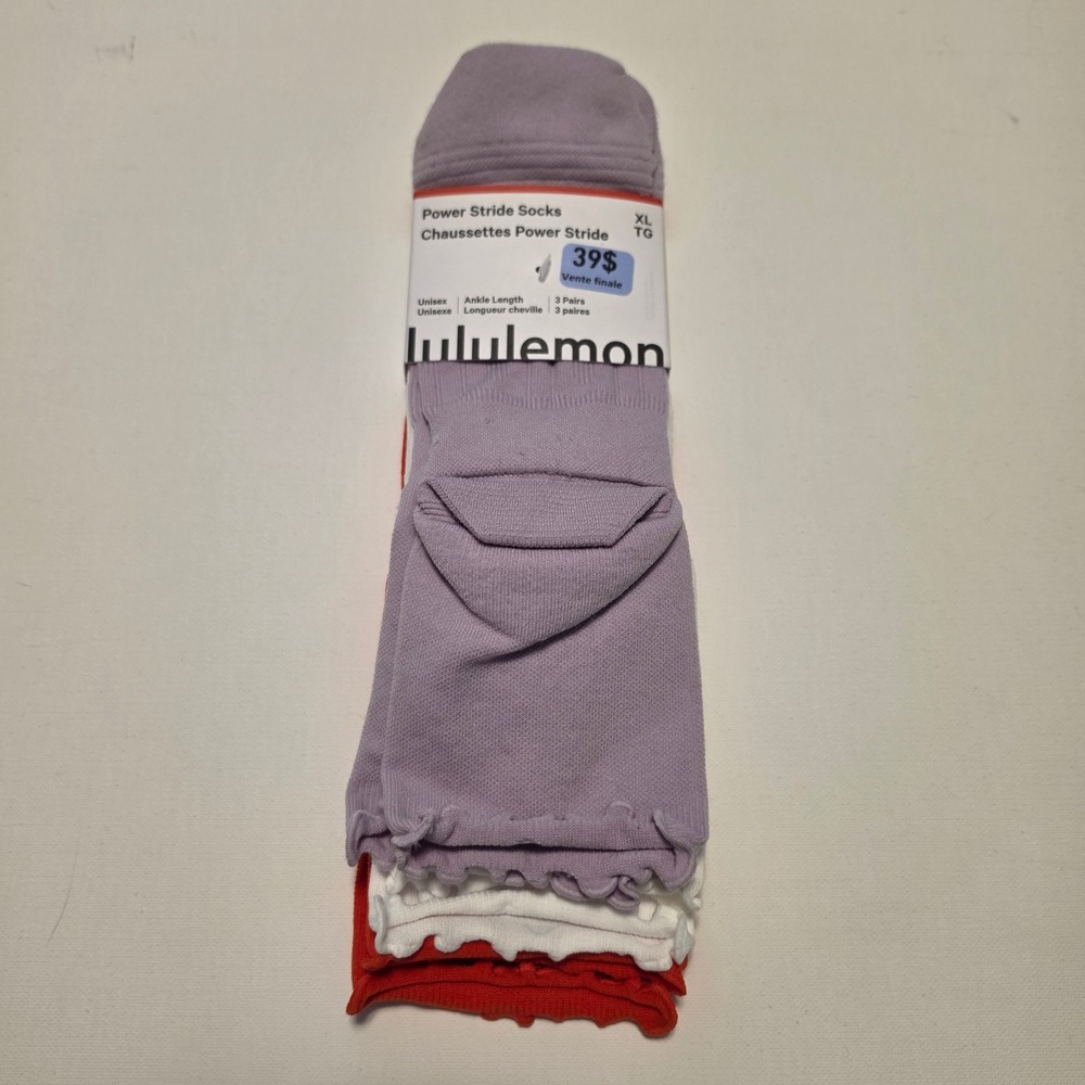 Lululemon Power Stride Ankle Socks 3 Pack Purple White Red Size XL